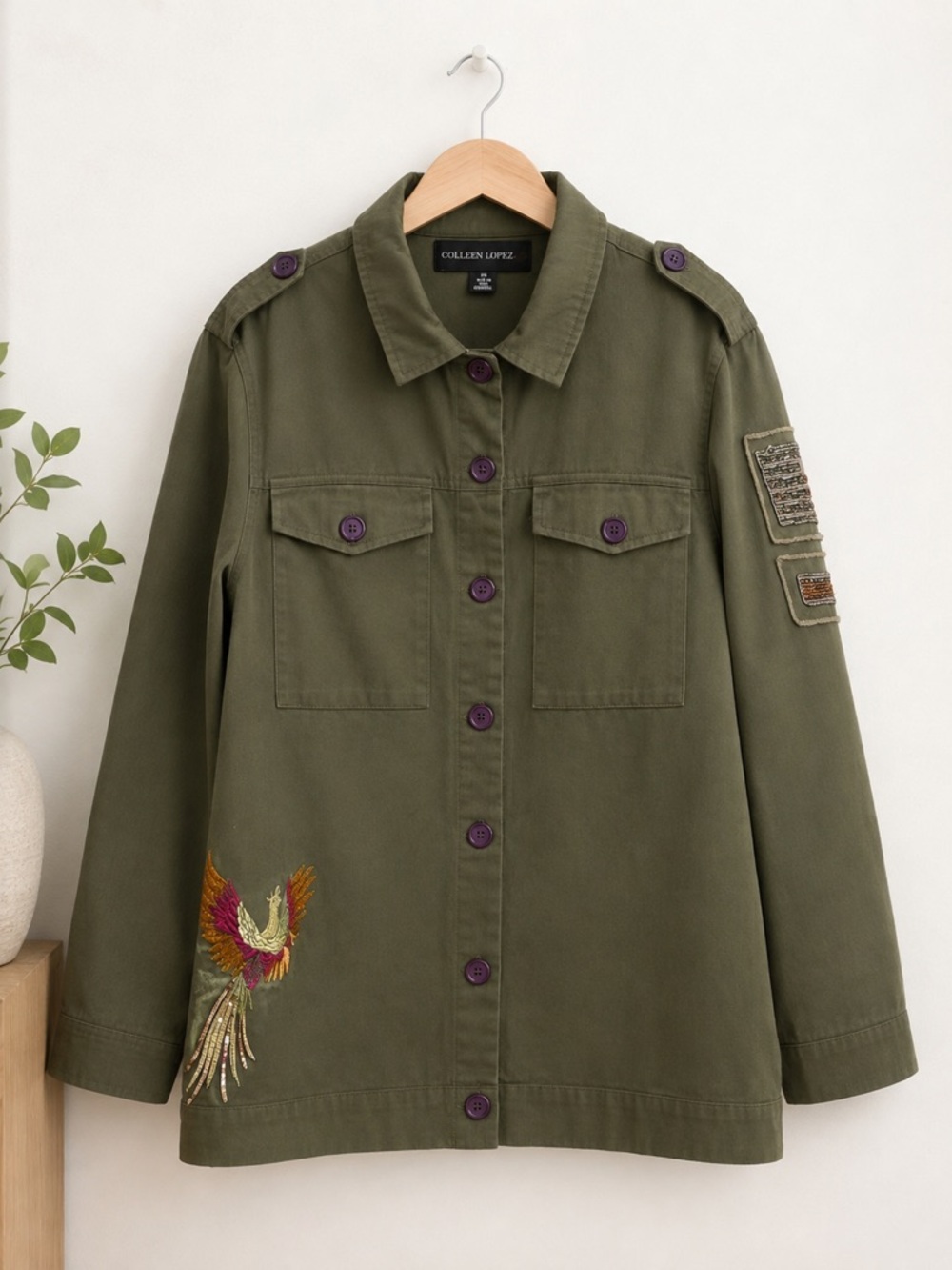Colleen Lopez Phoenix Embroidered Military Utility Jacket Size 1X 100% Cotton